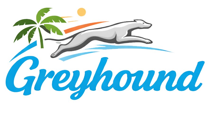 Greyhound logo with a running greyhound, palm trees, sun, and blue wordmark