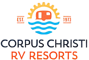 Corpus Christi RV Resorts logo with orange sun, blue waves, and black-orange text