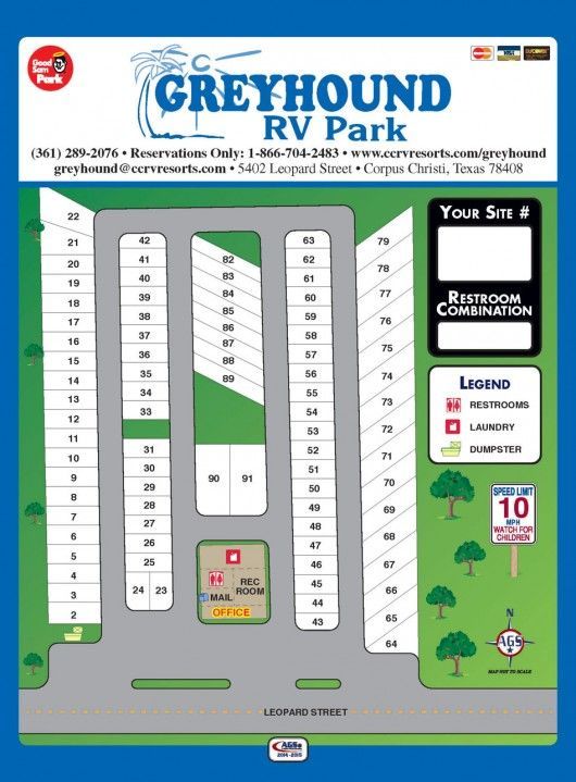 Greyhound RV Park site map with numbered lots, legend, and office/parking areas on a green layout