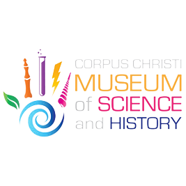 Corpus Christi Museum of Science and History logo with colorful swirl and icons in orange, green, pink, and blue