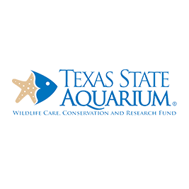 Texas State Aquarium logo with blue text and a tan-and-blue fish icon