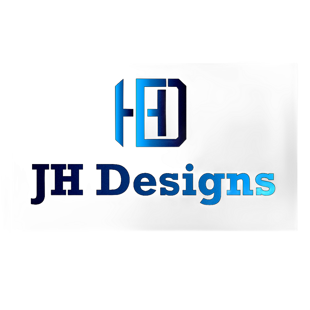 Logo for JH Designs with blue and navy stylized initials above the company name