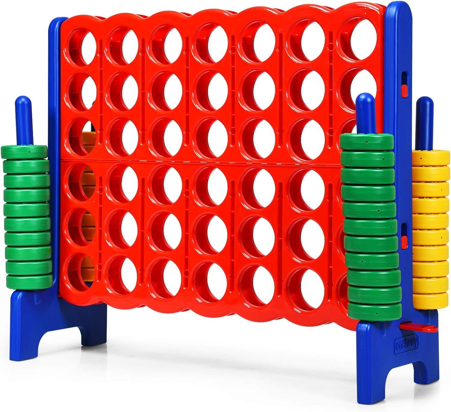 A red and blue connect four game with green yellow and blue rings
