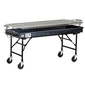 A large grill with wheels on a white background.