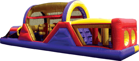 A red , yellow and purple inflatable obstacle course on a white background.