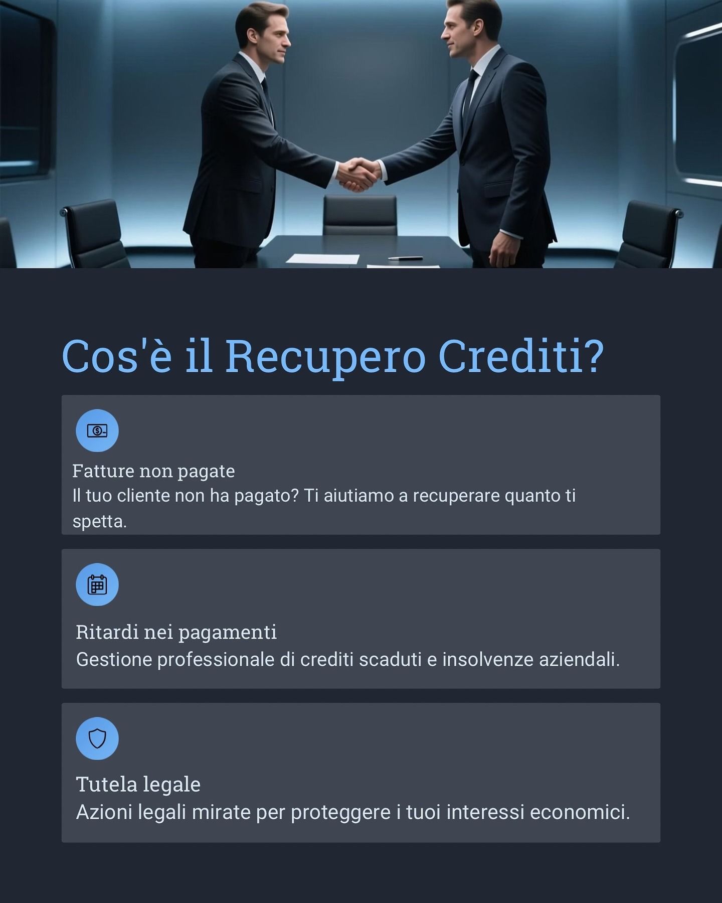 Due uomini in giacca e cravatta si stringono la mano sopra il testo: 