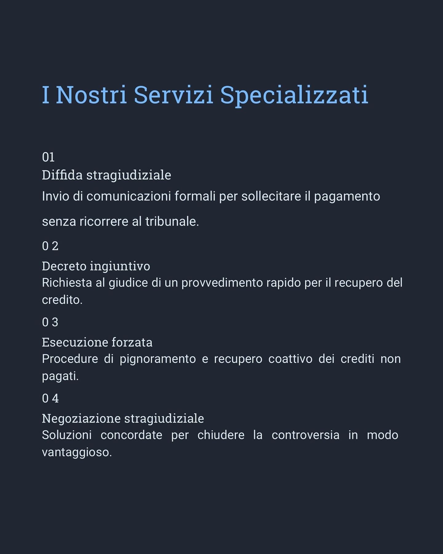 Testo che elenca i servizi specializzati in italiano.