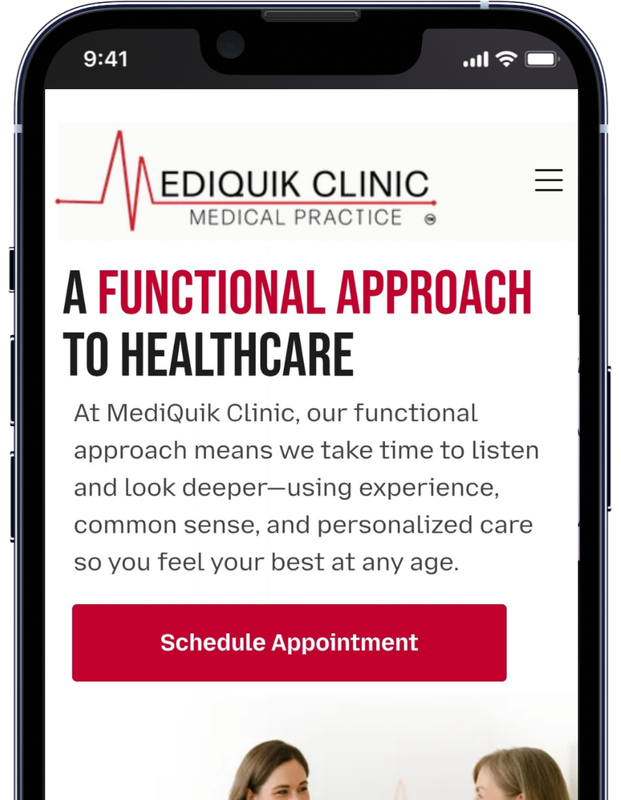 Mobile webpage for MediQuik Clinic. Text says, 