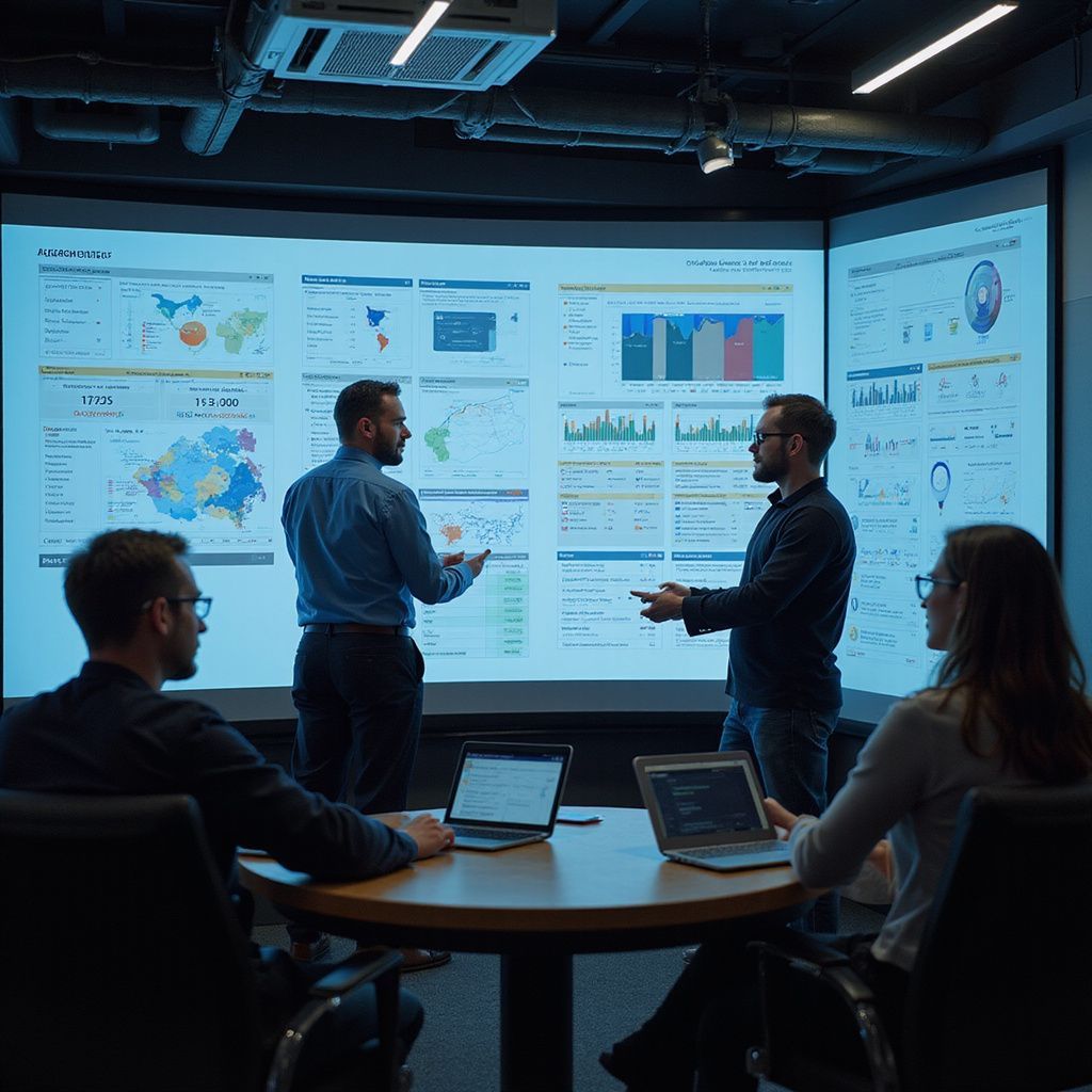 Four people in a meeting room, looking at data visualizations projected on a screen, discussing analytics.