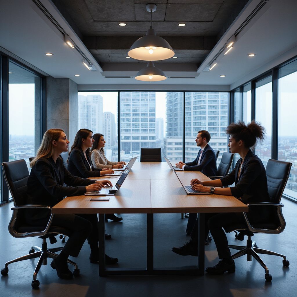 Business meeting in modern boardroom with laptops; city view through large windows. People seated, working.