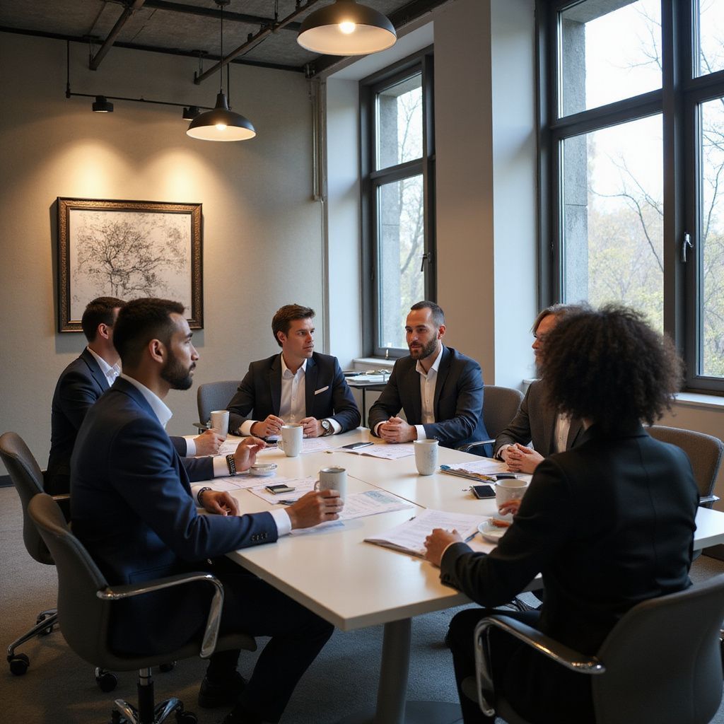 Business meeting around a white table. People in suits reviewing documents in a well-lit office.
