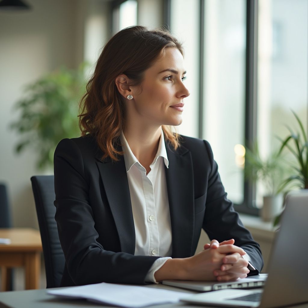 Woman in a black suit at a desk, looking out a window.