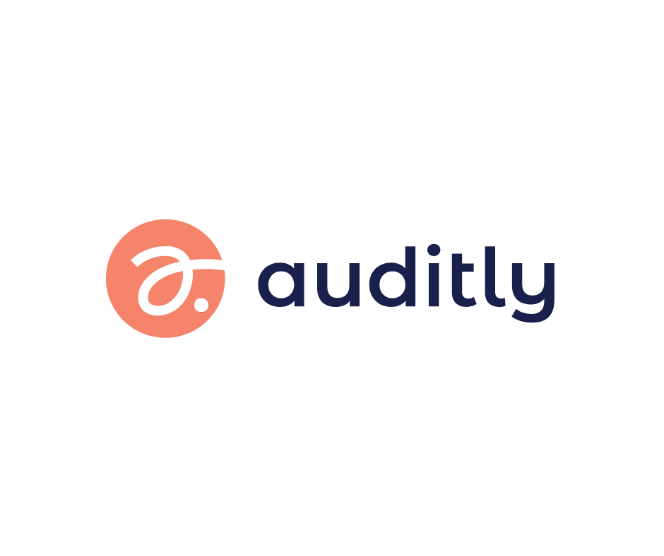 Auditley logo: coral circle with white swirl, navy blue 