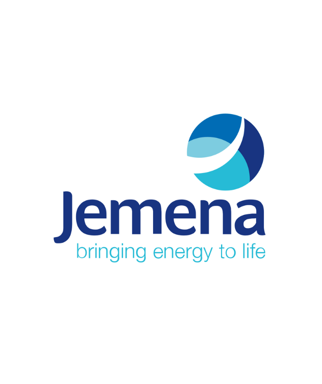 Jemena logo with blue text and a stylized blue sphere. Tagline reads