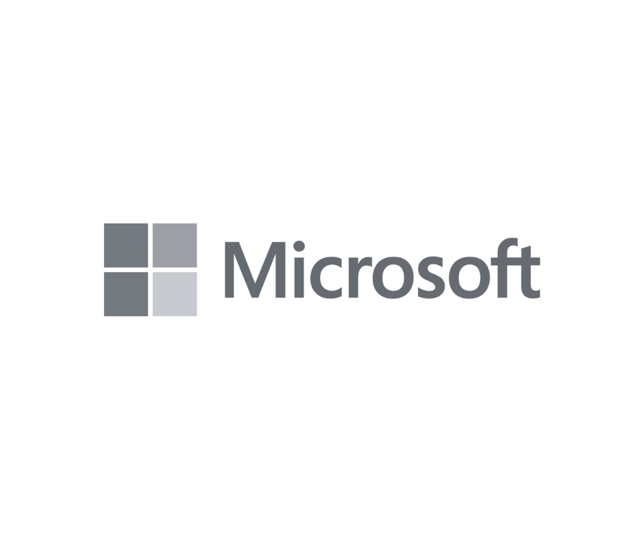 Microsoft logo: gray square of four smaller squares, text 