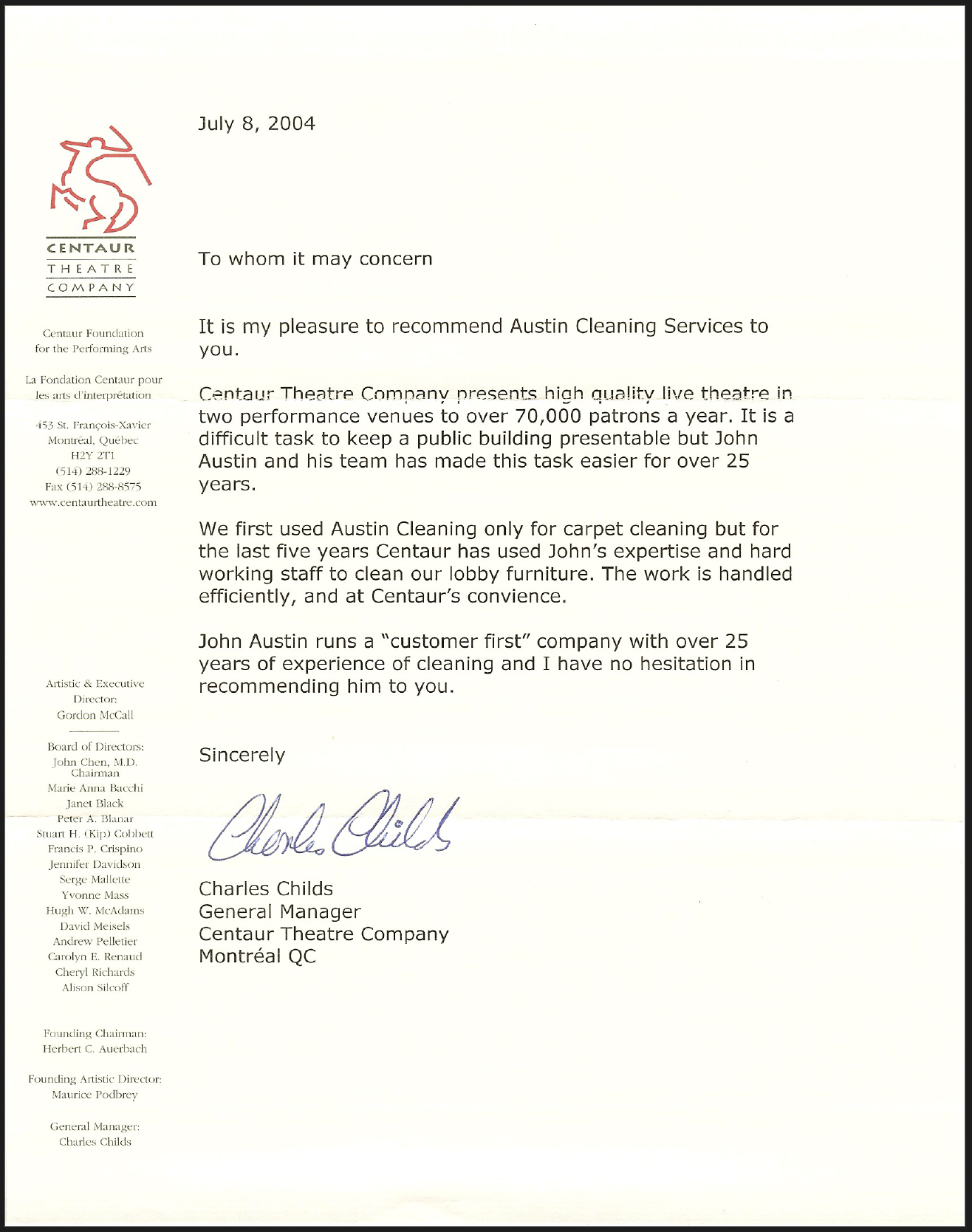 Letters of References - Austin Cleaning Services QC