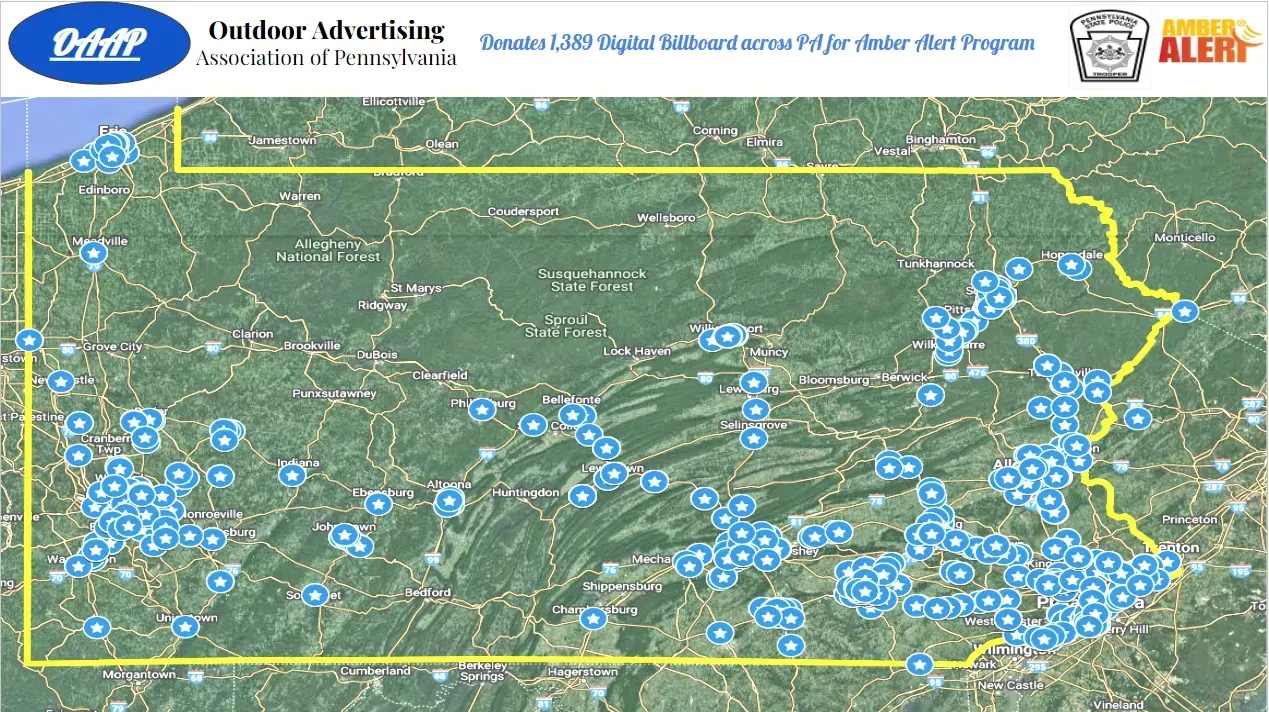 Map of Pennsylvania with blue circles indicating outdoor advertising locations.