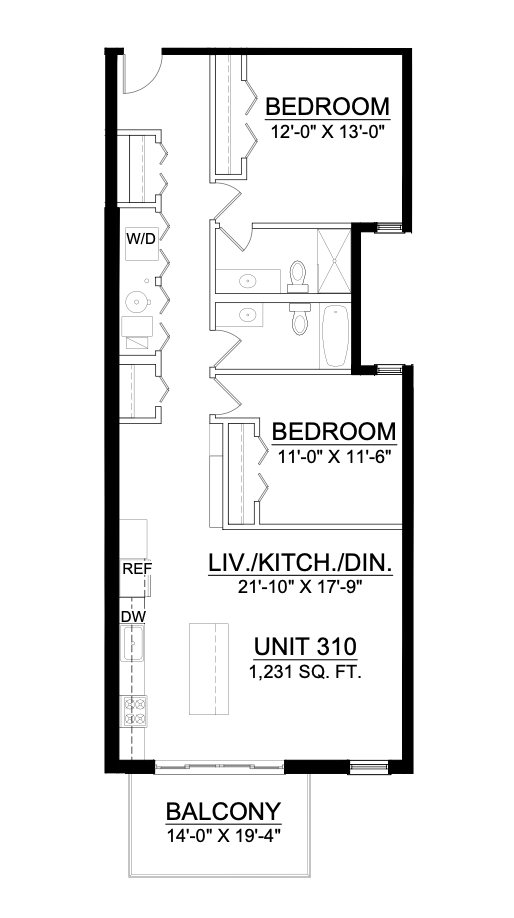 a black and white floor plan of a bedroom apartment with a balcony .