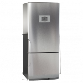 A stainless steel refrigerator with a digital display on the door