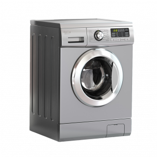 A silver washing machine with the door open on a white background.