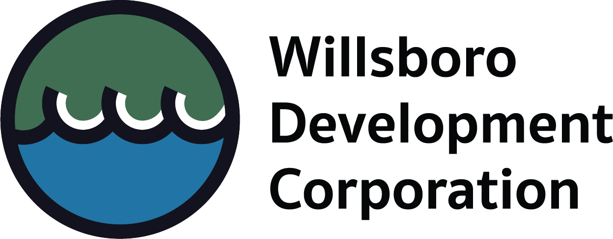The logo for willsboro development corporation is a circle with waves in it.