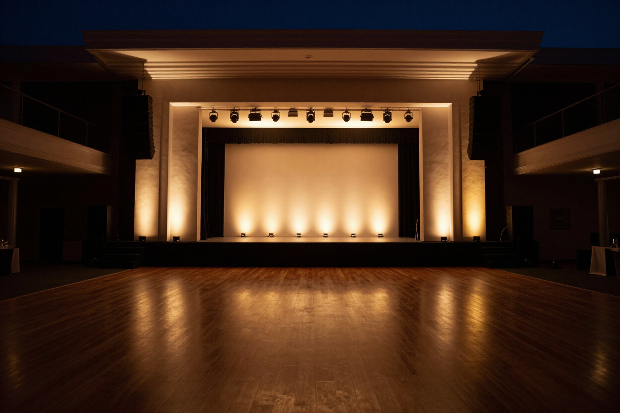 Escenario vacío con luces cálidas y suelo de madera pulida en un auditorio a oscuras