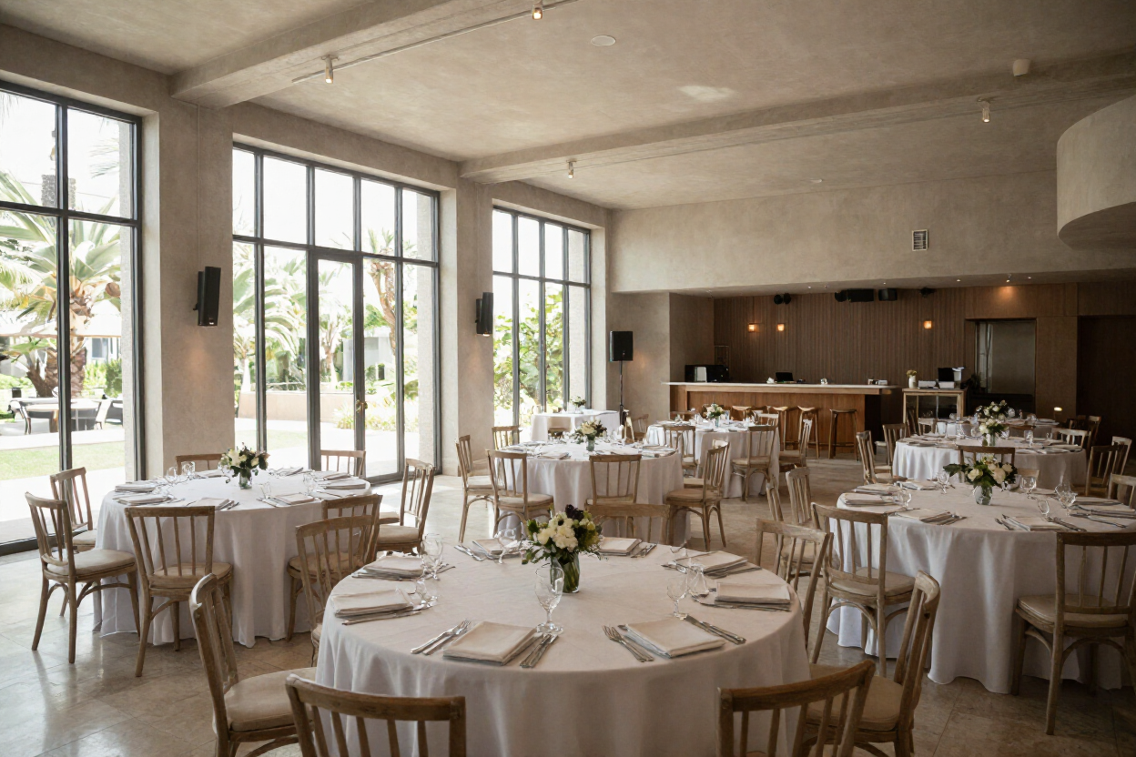Amplio salón de banquetes con mesas redondas, manteles blancos y sillas de madera junto a grandes ventanales.