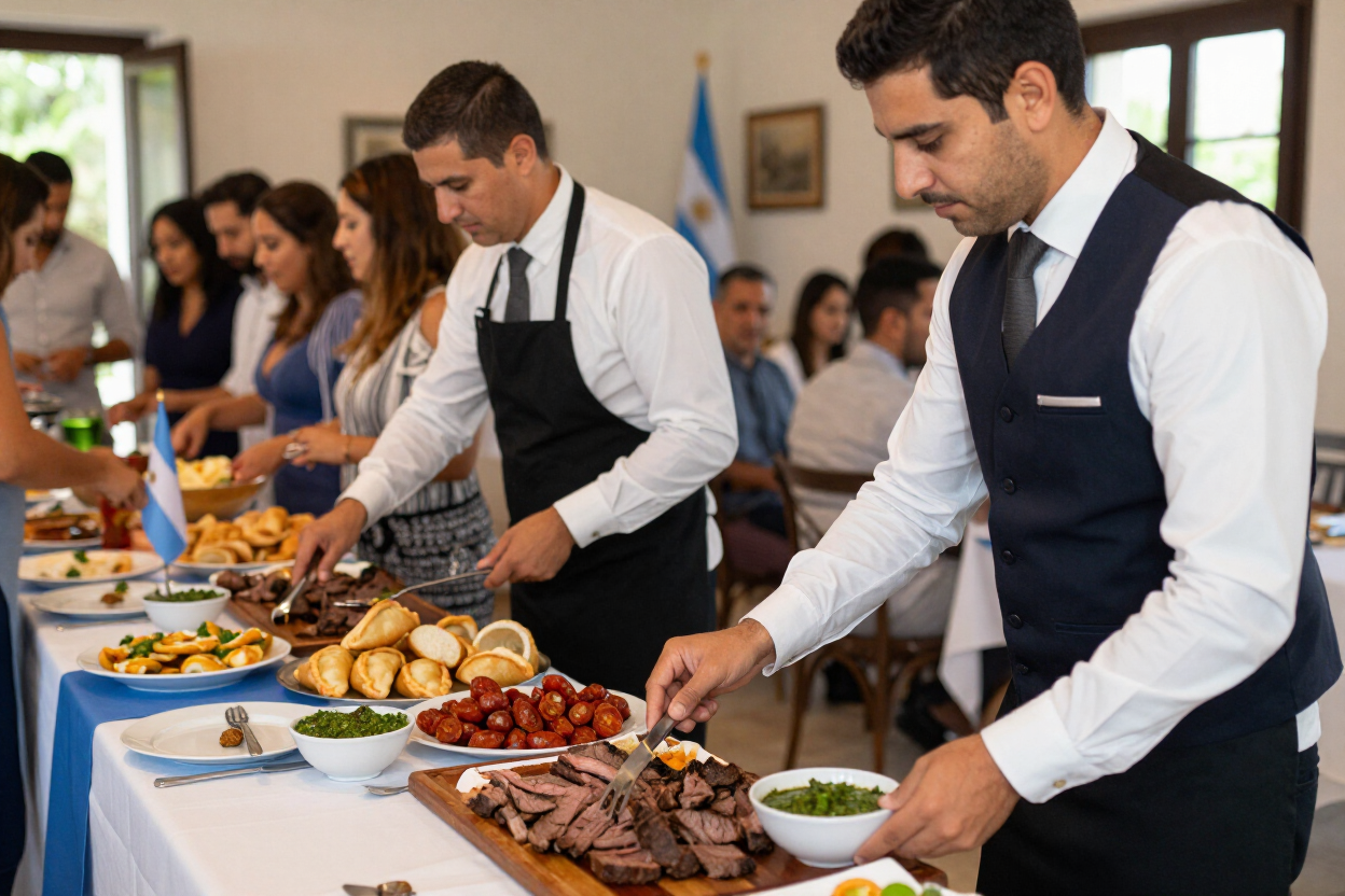 Invitados sirviéndose comida de una mesa de bufé en un evento en interiores