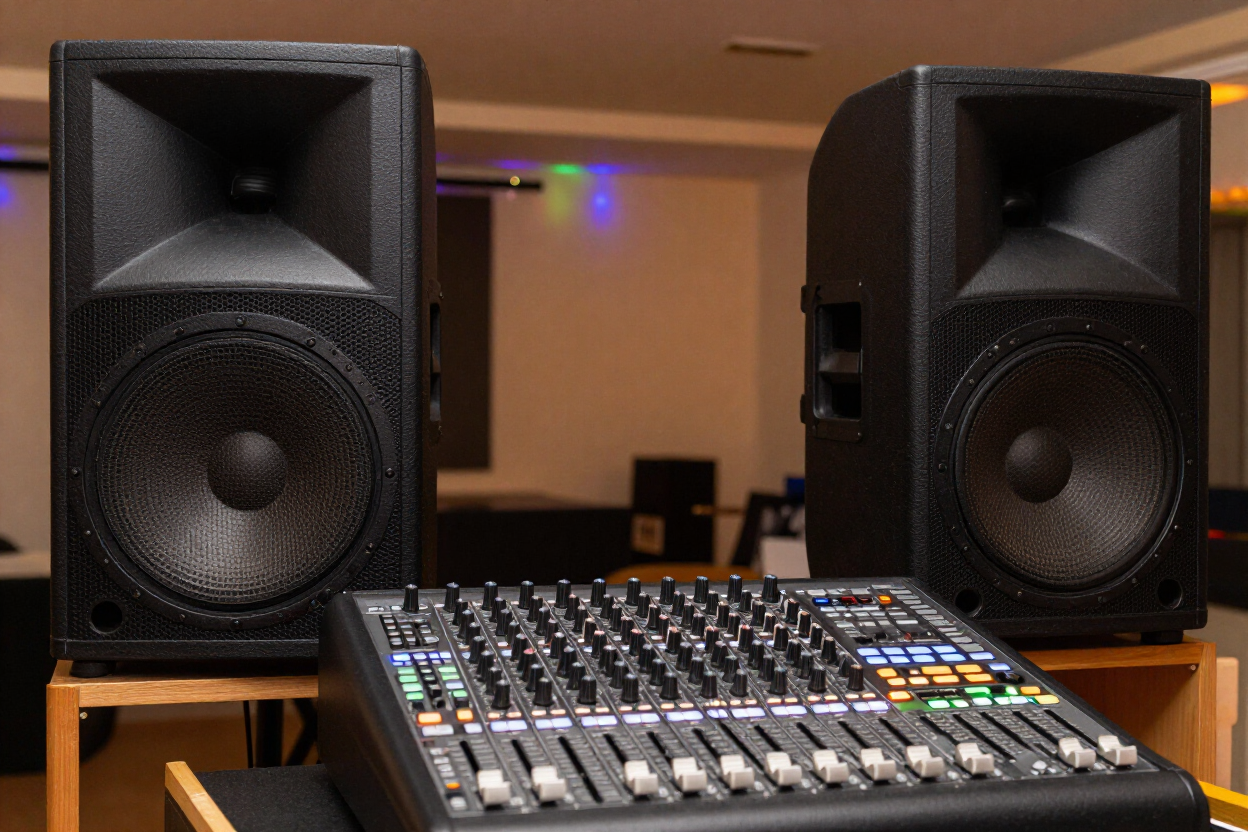 Consola de mezclas de audio entre dos altavoces negros en un estudio de grabación