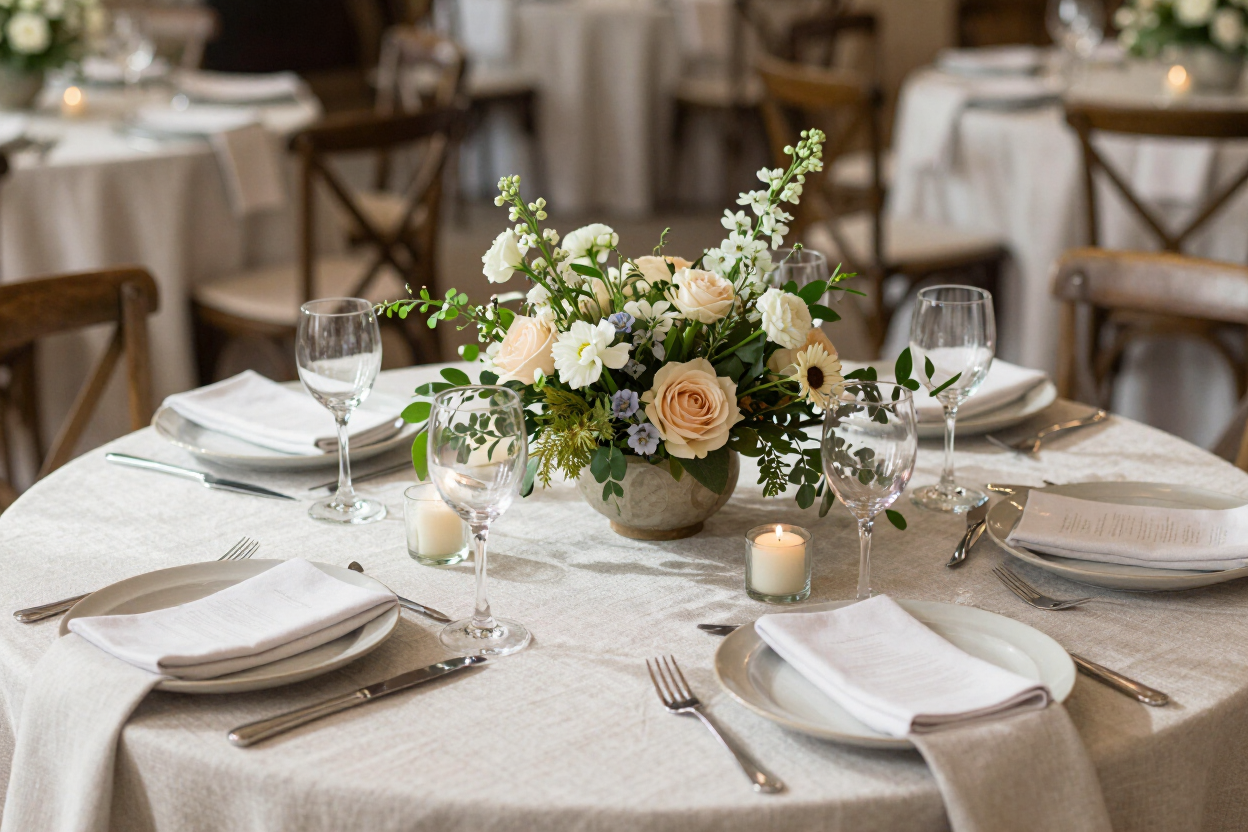 Elegante mesa de banquete con manteles blancos, centro floral, velas y cristalería y platos dispuestos con esmero