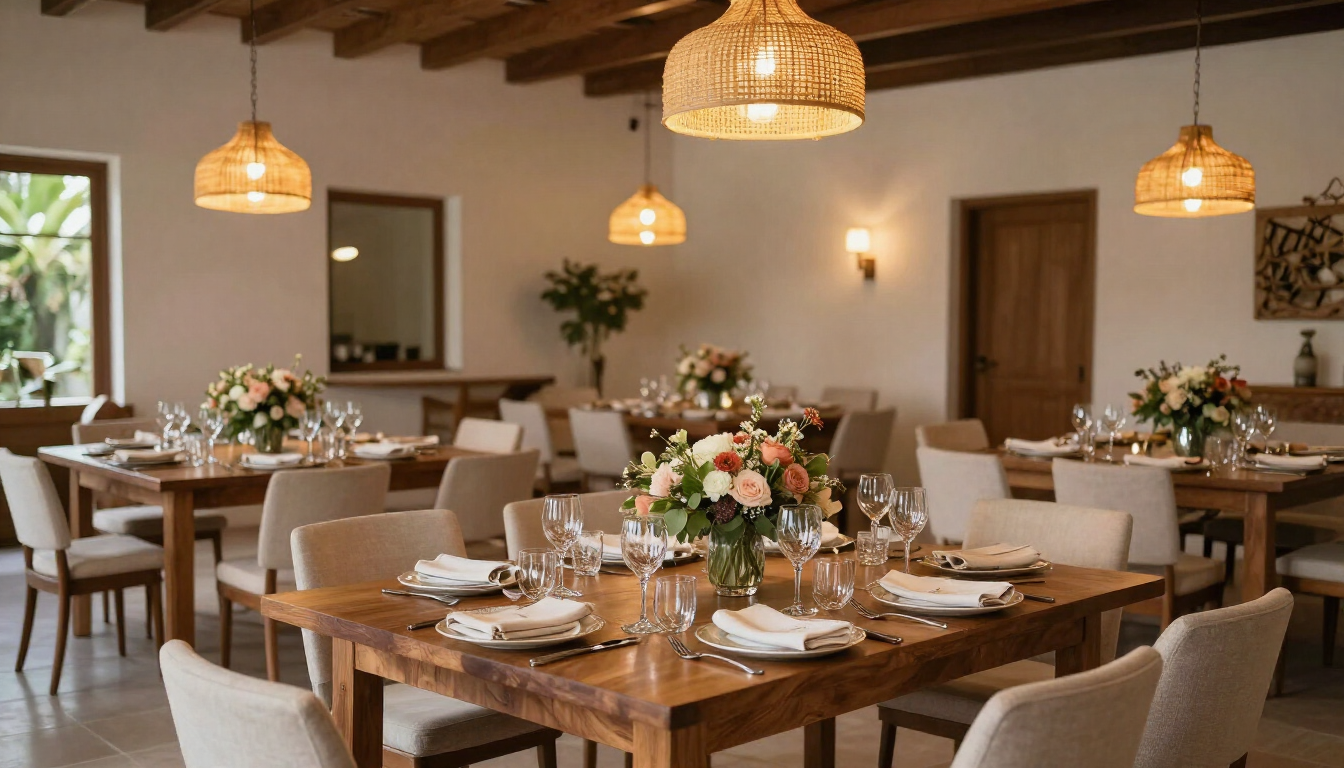 Elegante comedor con mesas de madera, sillas beige, centros de mesa florales y cálida iluminación colgante