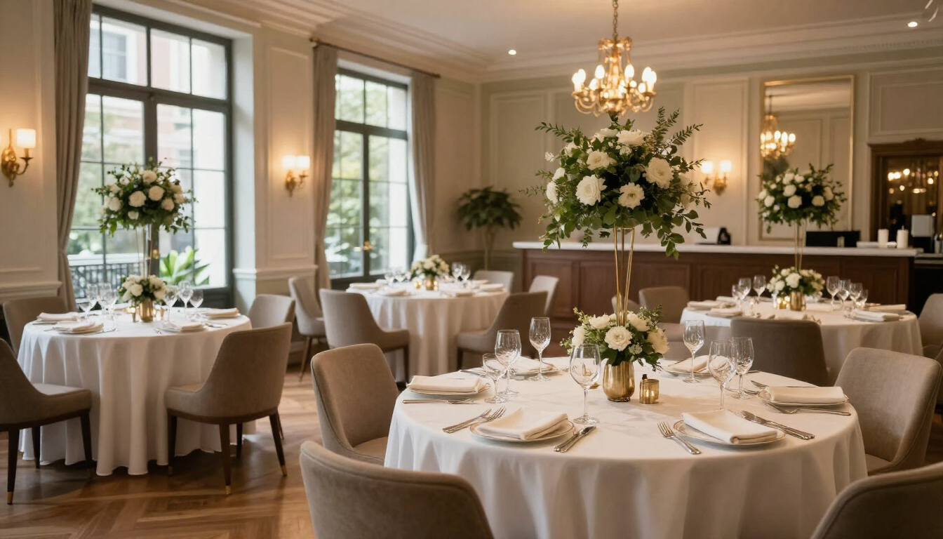 Elegante salón de banquetes con mesas redondas, manteles blancos, sillas beige y centros de mesa florales bajo candelabros
