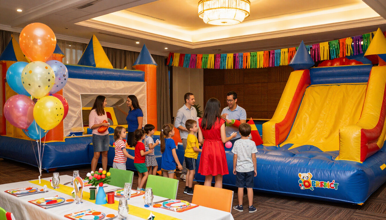 Niños jugando en una fiesta infantil llena de color, con castillos hinchables, globos y adornos