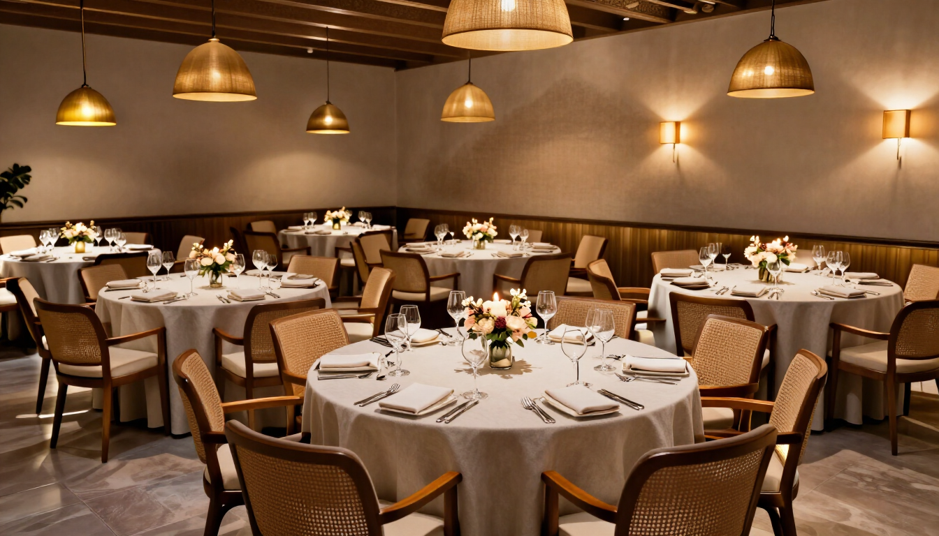 Elegante comedor de restaurante con mesas redondas cubiertas con manteles blancos, sillas de mimbre e iluminación cálida con lámparas colgantes