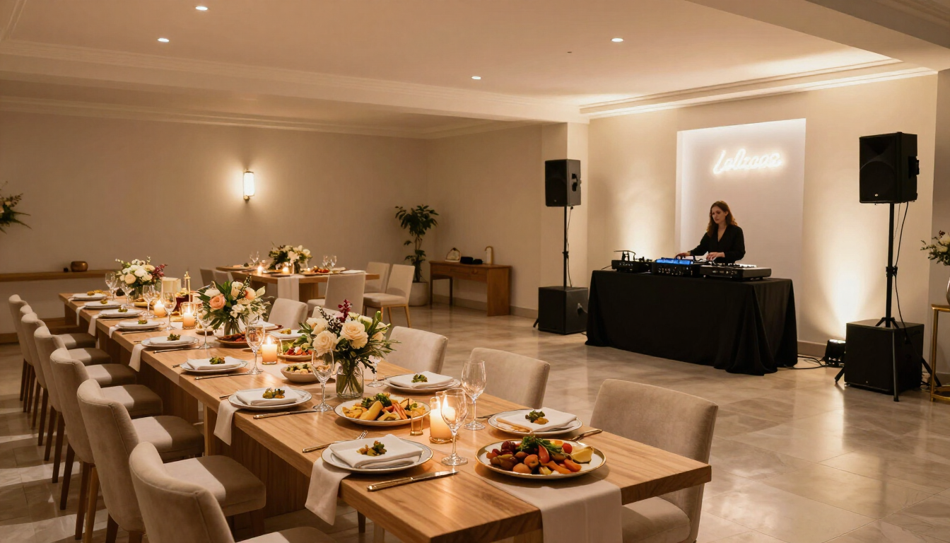 Elegante salón de banquetes con una larga mesa de comedor, comida para el evento y una cabina de DJ al fondo.