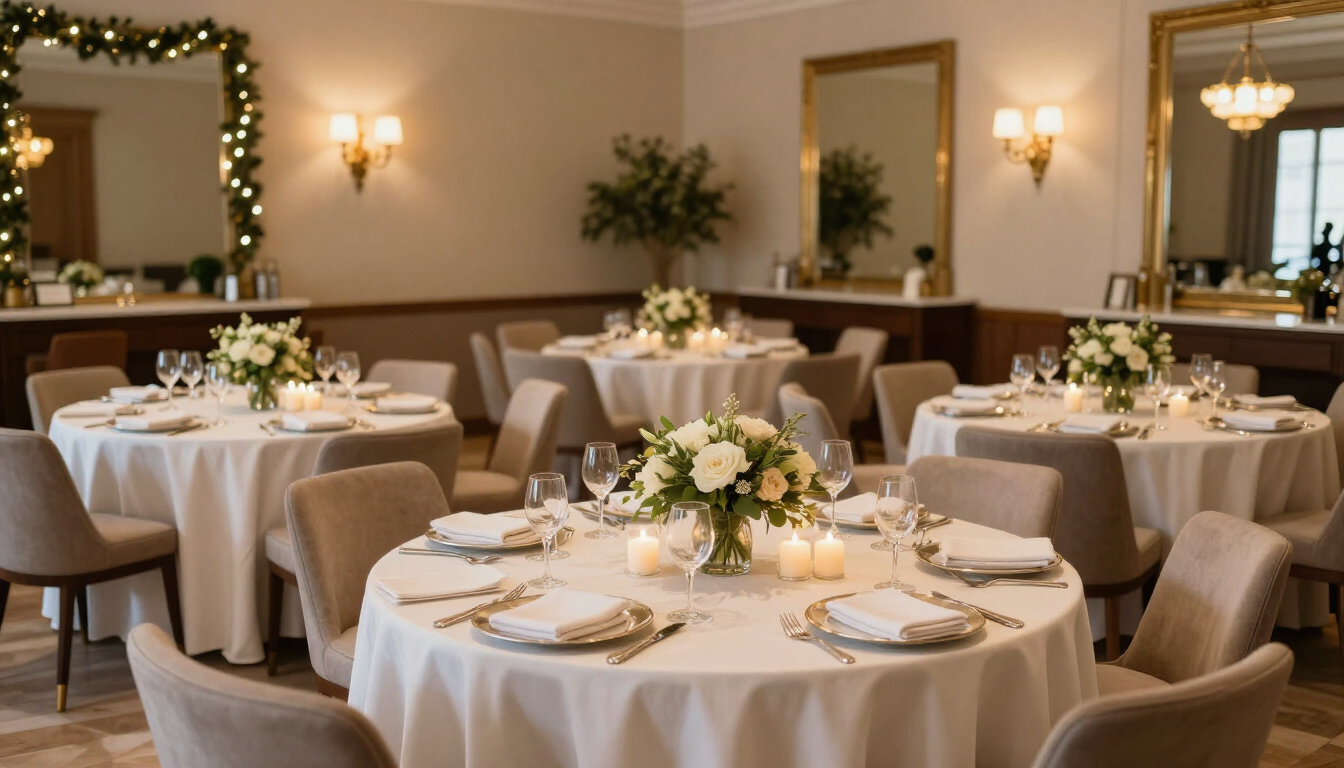 Elegante salón de banquetes con mesas redondas, manteles blancos, centros de mesa florales y apliques de pared de luz cálida