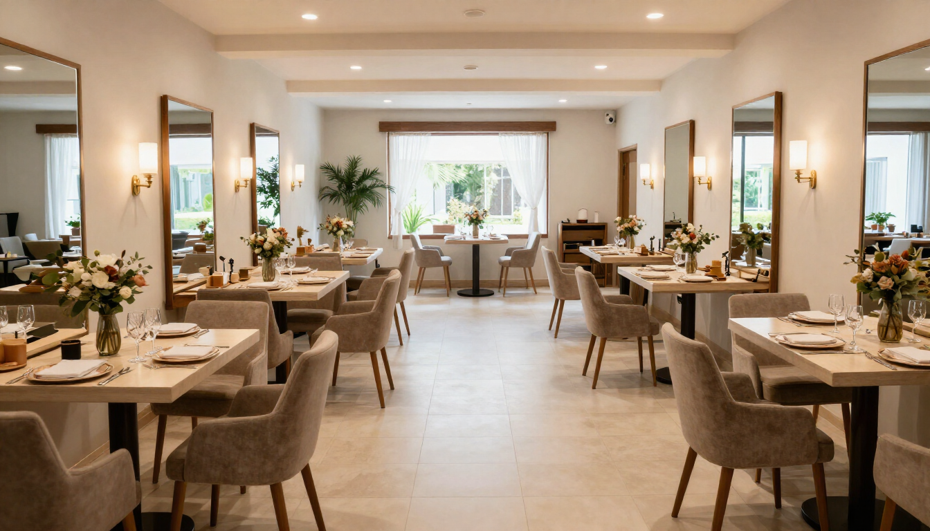 Elegante comedor de restaurante con mesas preparadas, iluminación cálida y una ventana luminosa al fondo