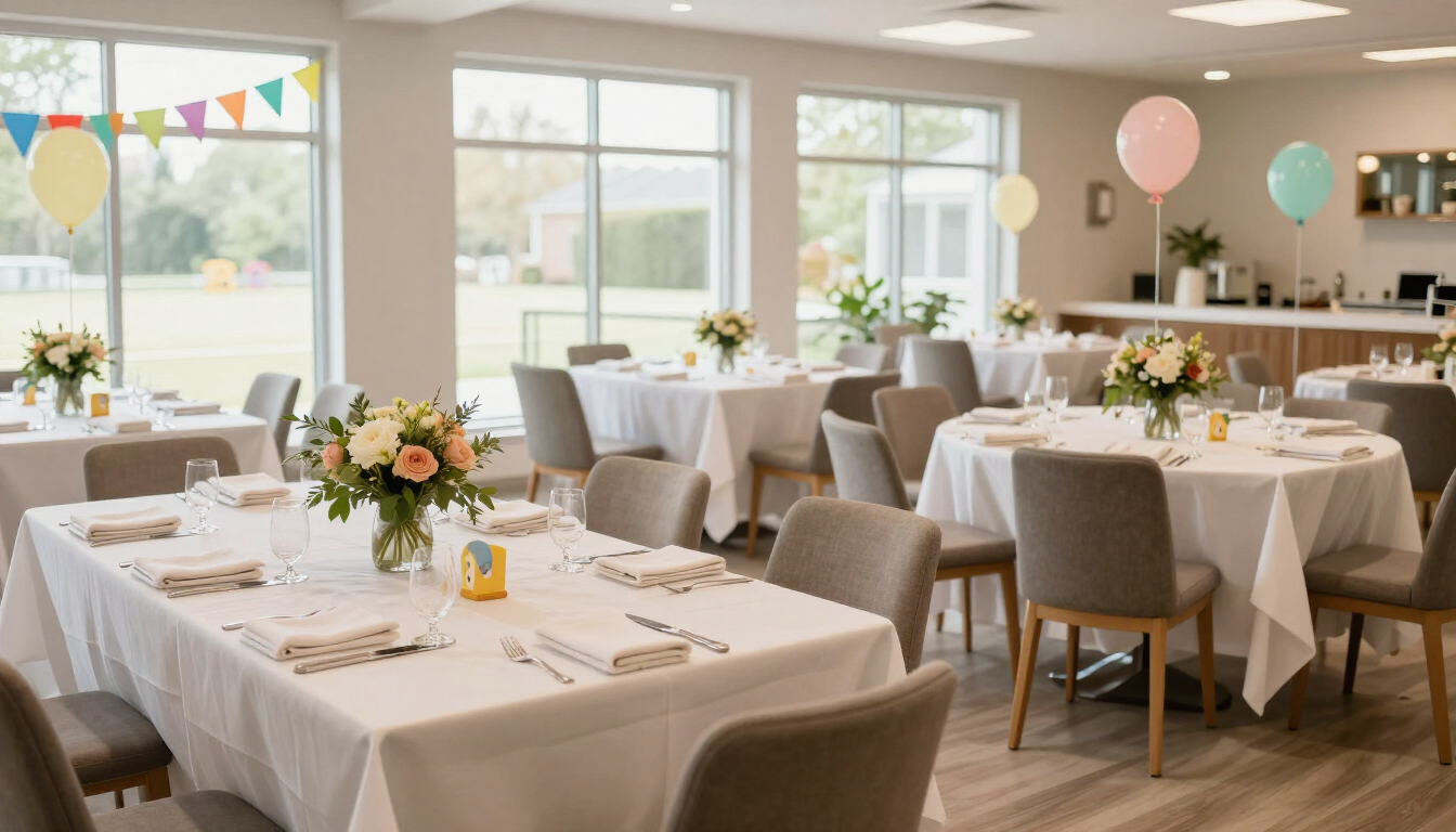 Salón de eventos preparado para una celebración diurna