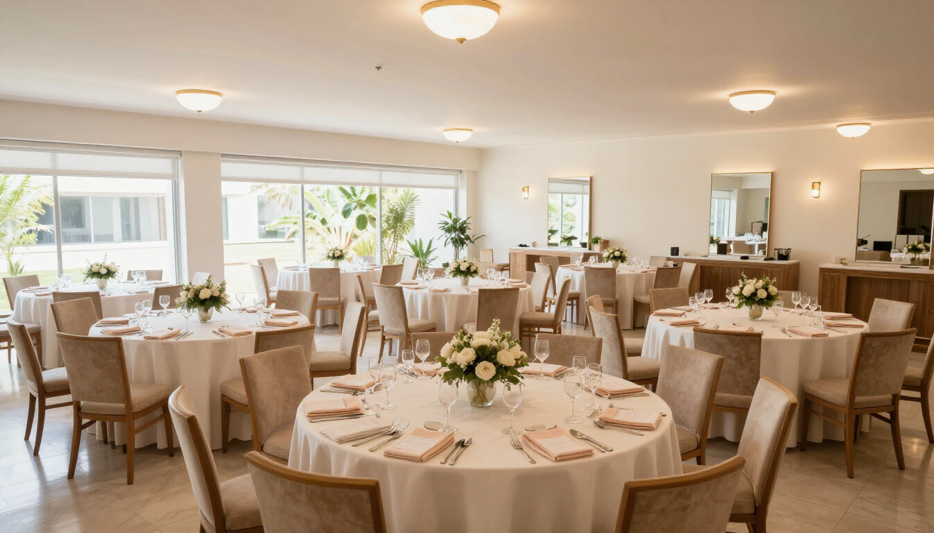 Salón de eventos preparado para una celebración
