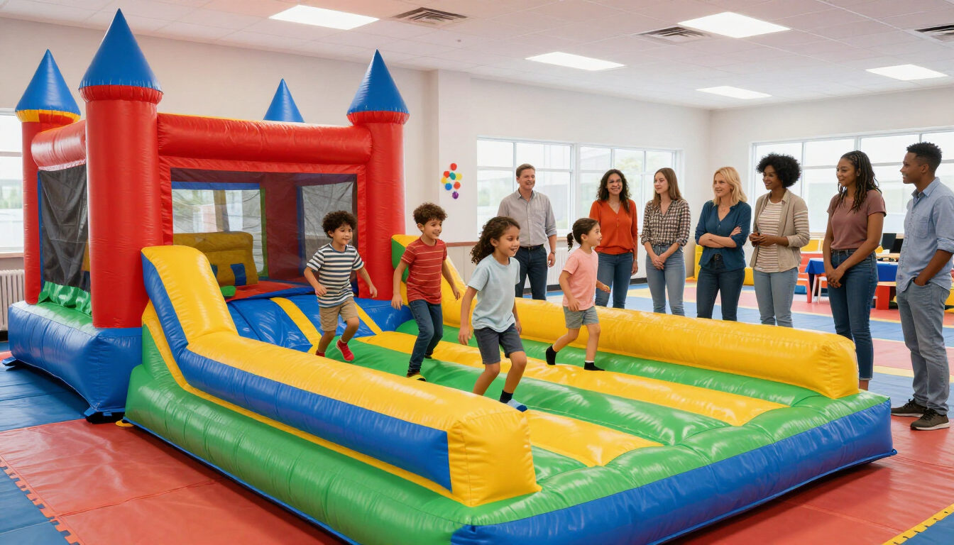 Fiesta infantil en un salón con inflables