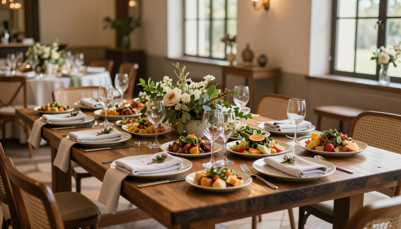 Elegante juego de mesa con platos, centros de mesa florales y bebidas en un luminoso salón de banquetes