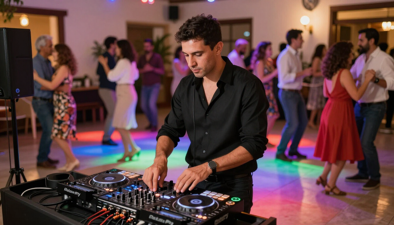 Un DJ mezclando música en una fiesta colorida en un espacio interior, con bailarines al fondo