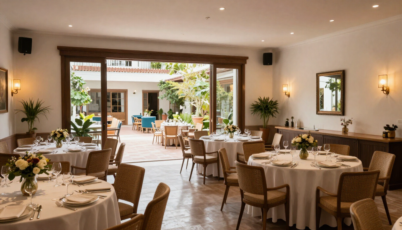 Elegante comedor con mesas y sillas dispuestas que da a un soleado patio exterior