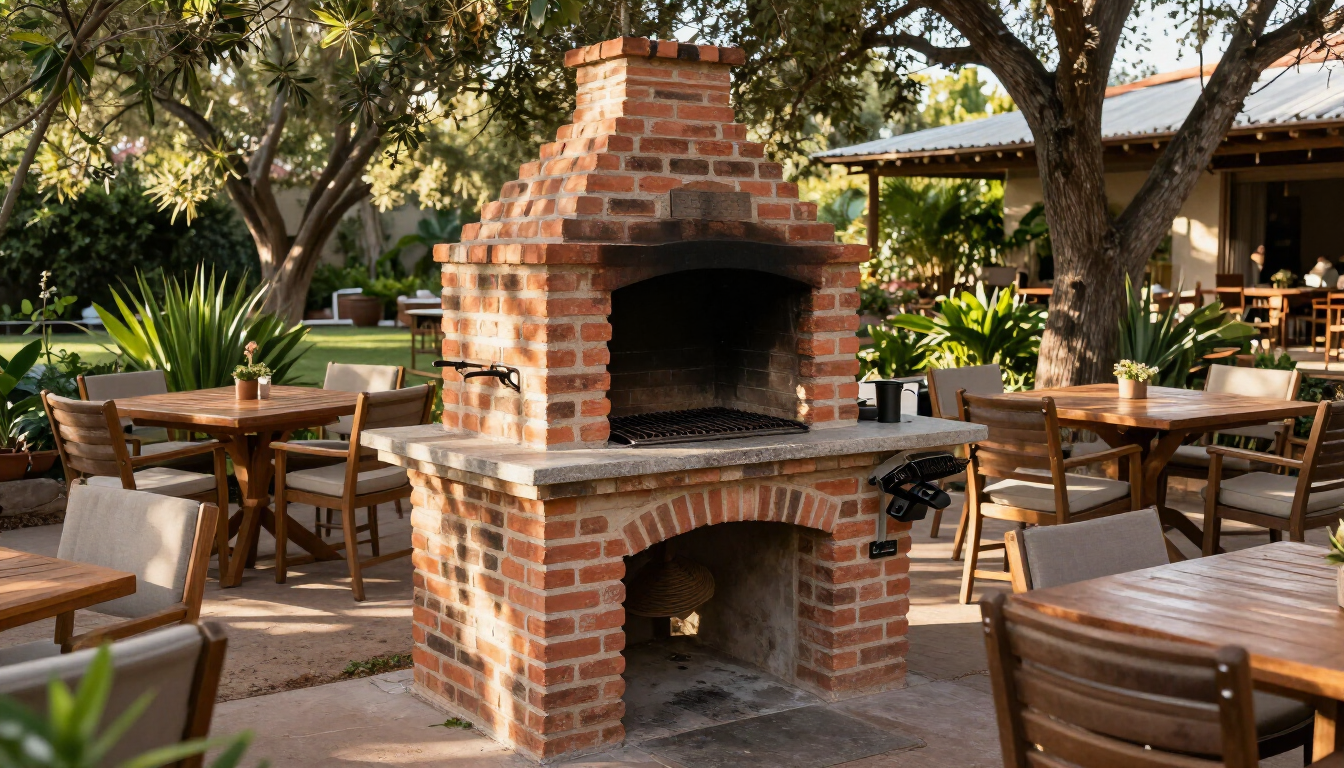 Patio de salón de eventos con asador para una reunión familiar