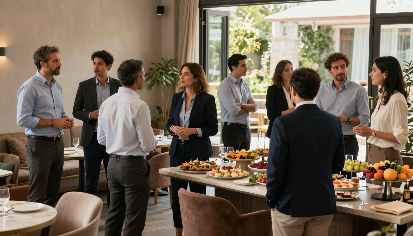 Reunión empresarial con servicio de catering y espacio al aire libre