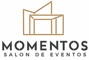 Logotipo para Momentos Salon de Eventos, con un ícono de edificio geométrico dorado y texto negro sobre fondo blanco
