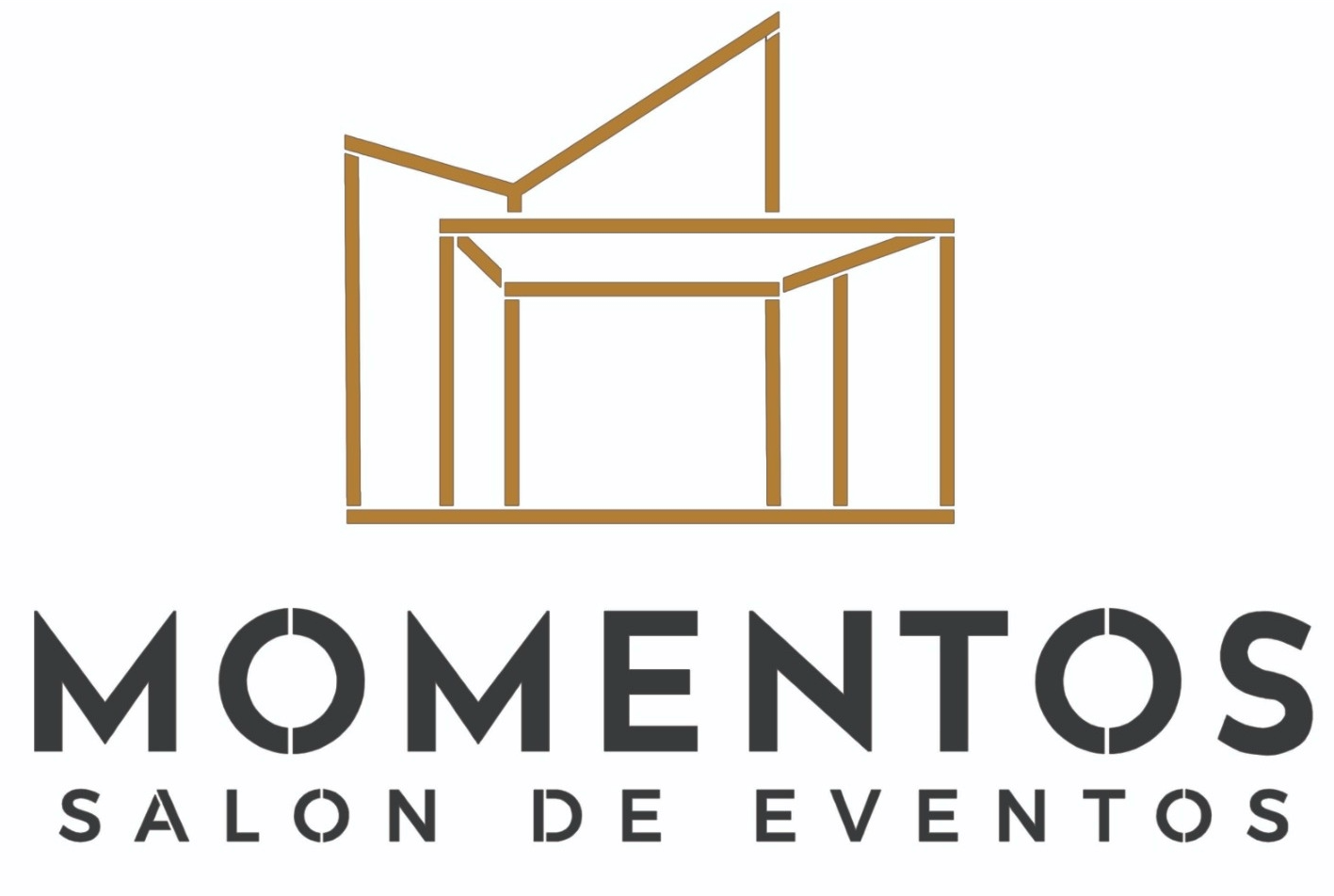 Logotipo para Momentos Salon de Eventos, con un ícono de edificio geométrico dorado y texto negro sobre fondo blanco