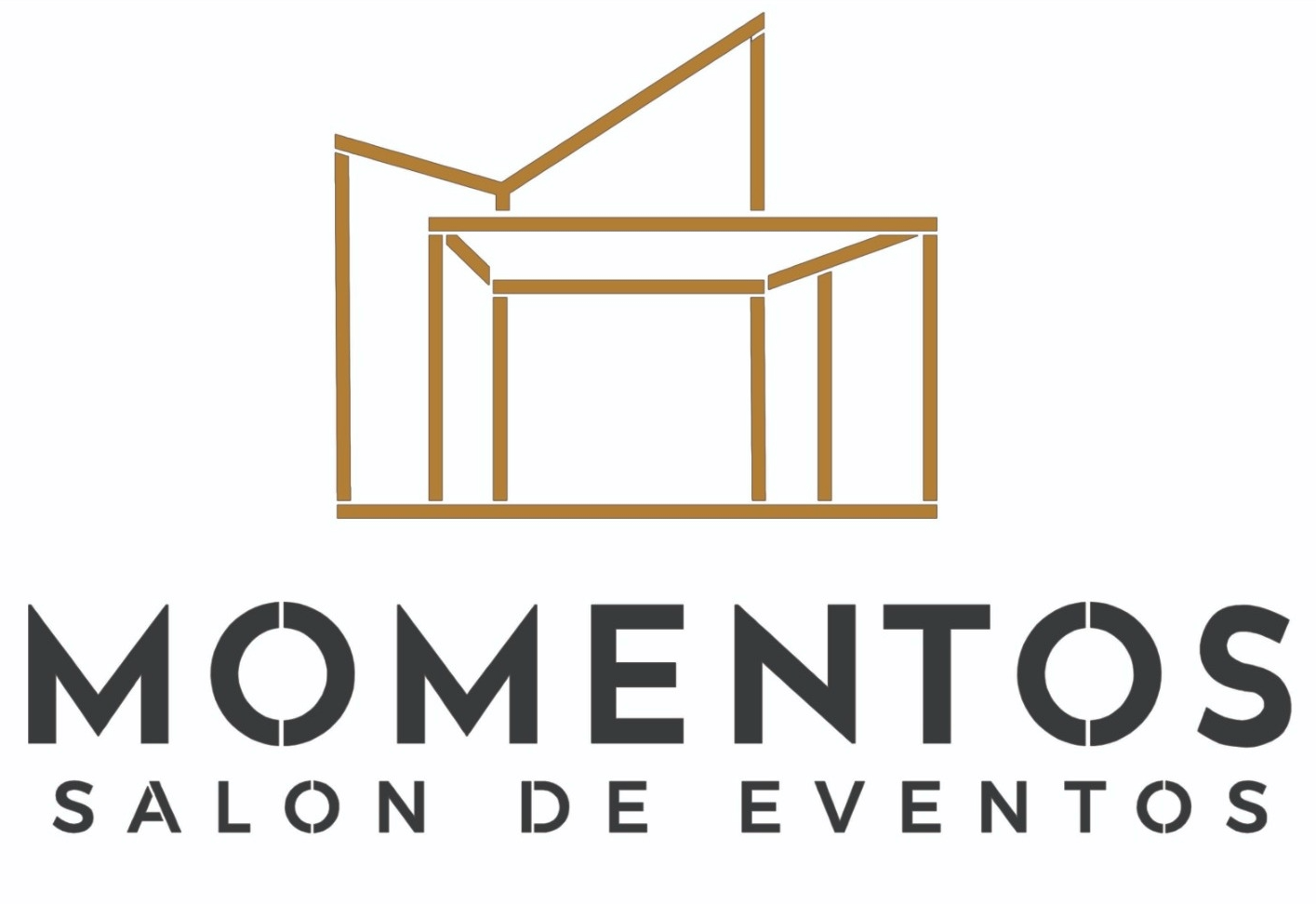Logotipo para Momemtos Salon de Eventos en dorado y gris oscuro, con un icono geom&eacute;trico de espacio para eventos