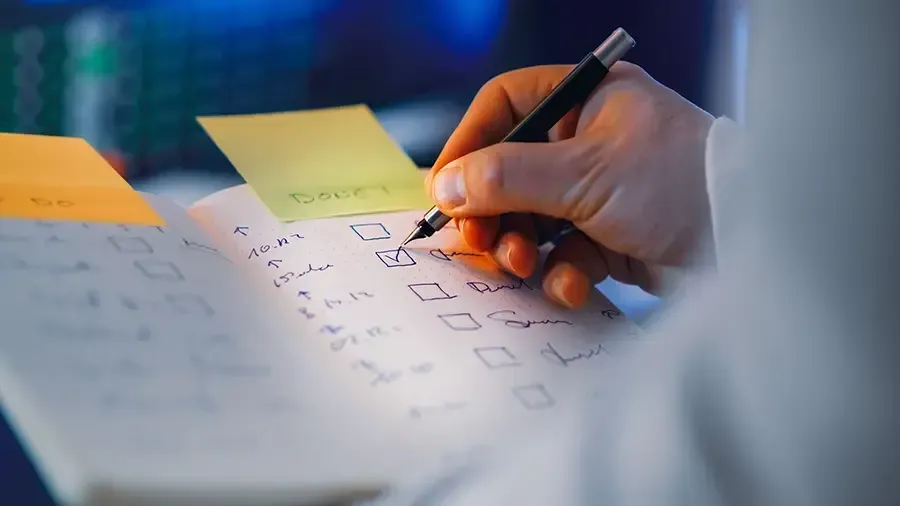 Hand holding a pen over a checklist on paper, with sticky notes in the background.