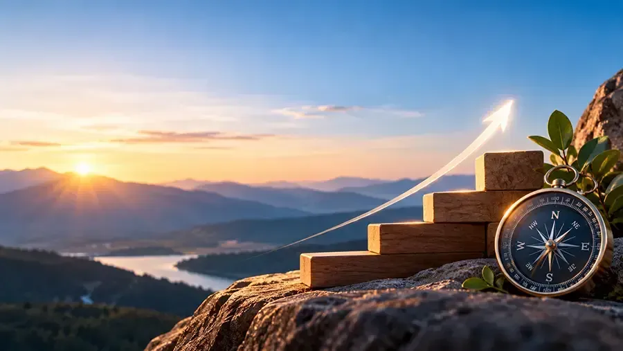 Sunrise over mountains and river with wooden steps, upward arrow, and compass symbolizing progress